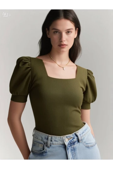 Kadın Haki Kare Yaka Örme Bluz Hzl22w-bd104091