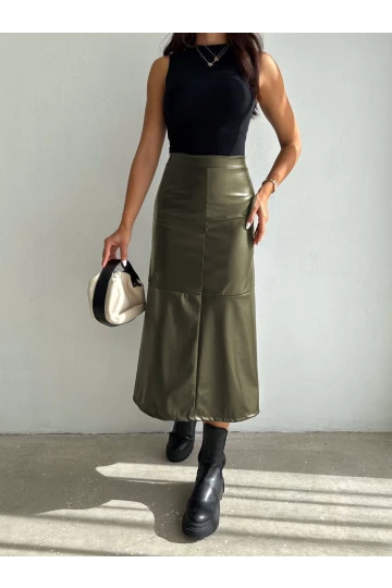 Kadın Haki Midi Boy Fermuar Kapamalı Suni Deri Etek  HZL25W-FRY121651