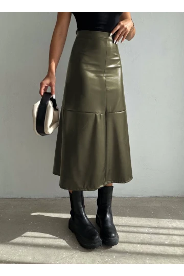 Kadın Haki Midi Boy Fermuar Kapamalı Suni Deri Etek  HZL25W-FRY121651
