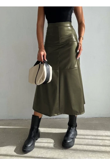 Kadın Haki Midi Boy Fermuar Kapamalı Suni Deri Etek  HZL25W-FRY121651