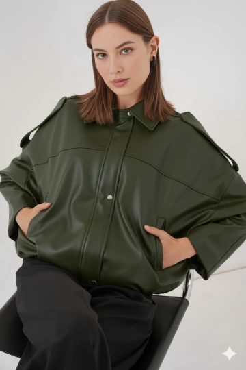 Kadın Haki Oversize Fermuarlı ve Düğmeli Yandan Cepli Suni Deri Ceket HZL25W-BD110551