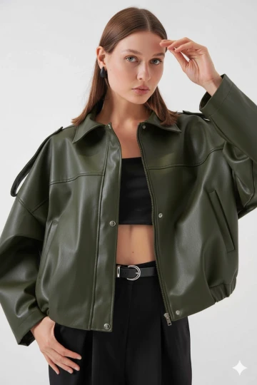 Kadın Haki Oversize Fermuarlı ve Düğmeli Yandan Cepli Suni Deri Ceket HZL25W-BD110551