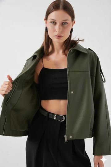 Kadın Haki Oversize Fermuarlı ve Düğmeli Yandan Cepli Suni Deri Ceket HZL25W-BD110551