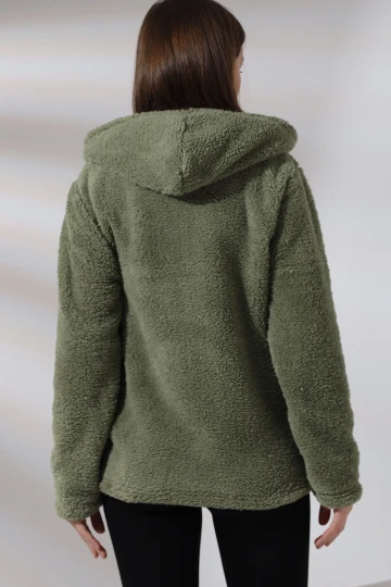 Kadın Haki Welsoft esnek kumaş Peluş Yumoş Önü Fermuarlı Kapüşonlu Ceket HZL23W-DSB110081