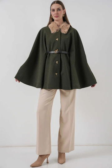 Kadın Haki Yakası Kürklü Düğmeli Kemerli Kaşe Panço HZL25W-BD191651
