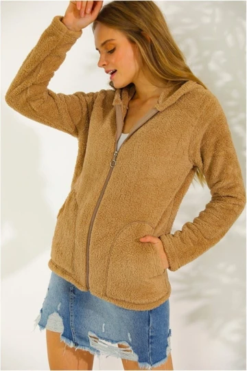 Kadın Hardal Welsoft esnek kumaş Peluş Yumoş Önü Fermuarlı Kapüşonlu Ceket HZL23W-DSB110081
