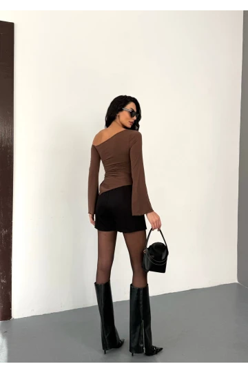 Kadın Kahve Asimetrik Kesim İspanyol Kol Beli Büzgülü Sandy Bluz HZL25W-FRY123591