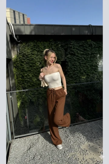 Kadın Kahverengi Cepli Beli Lastikli Bol Paça Keten Pantolon HZL24S-ZK11051