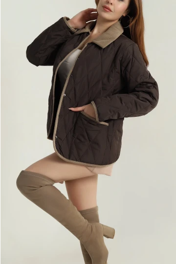 Kadın Kahverengi Çıt Çıt Kapamalı Kadife Detaylı Kapitone Mont HZL25W-BD152261