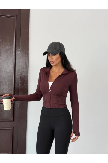 Kadın Kahverengi Dalgıç Kumaş Fermuar Kapamalı Parmak Geçirmeli Sweatshirt HZL25W-FRY123441