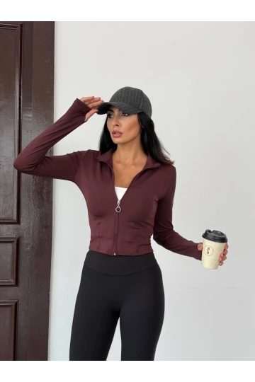 Kadın Kahverengi Dalgıç Kumaş Fermuar Kapamalı Parmak Geçirmeli Sweatshirt HZL25W-FRY123441