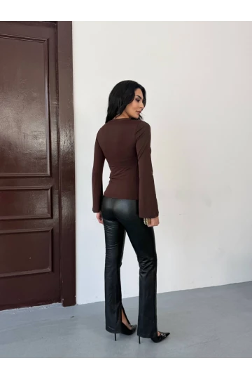 Kadın Kahverengi Drape Detaylı İspanyol Kol Sany Bluz HZL25W-FRY123431