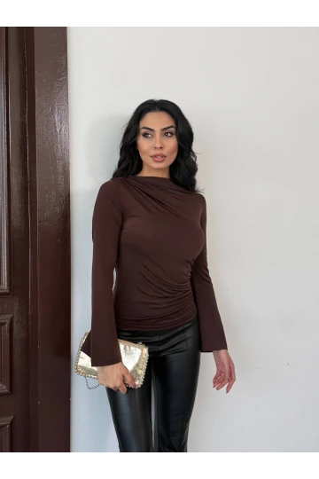 Kadın Kahverengi Drape Detaylı İspanyol Kol Sany Bluz HZL25W-FRY123431