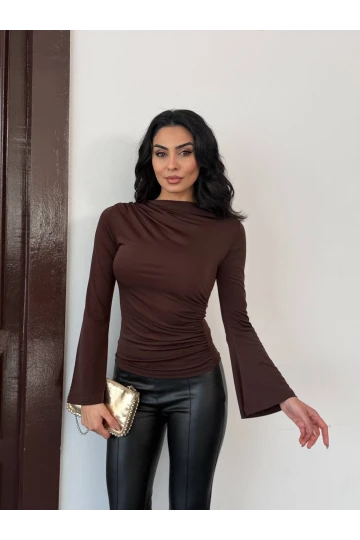 Kadın Kahverengi Drape Detaylı İspanyol Kol Sany Bluz HZL25W-FRY123431
