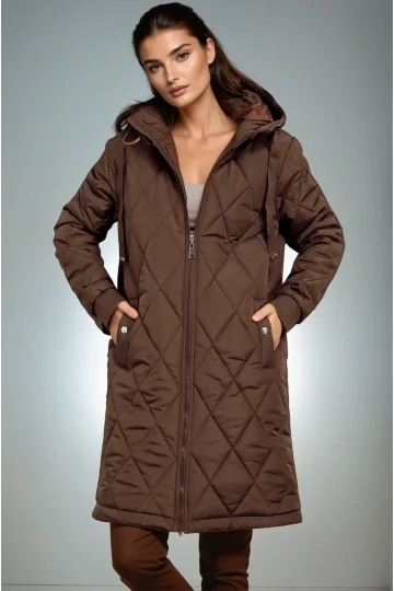 Kadın Kahverengi Kapitone Uzun Şişme Mont HZL22W-BD151381