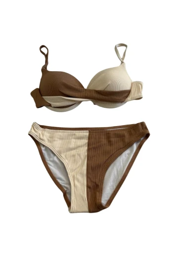 Kadın Kahverengi Krem Renk Bloklu Astarlı Bikini Takımı HZL25S-LC214