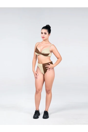 Kadın Kahverengi Krem Renk Bloklu Astarlı Bikini Takımı HZL25S-LC214