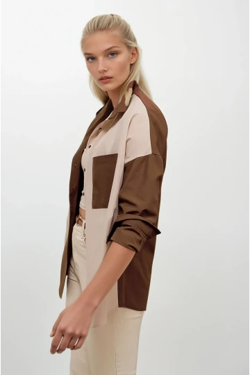 Kadın Kahverengi Krem Renk Bloklu  Poplin Basic Gömlek HZL22S-BD1201161