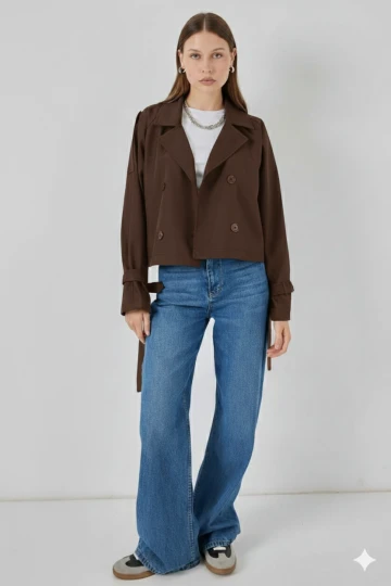 Kadın Kahverengi Kruvaze Yaka Kuşaklı Astarlı Kısa Trençkot HZL25W-BD159701