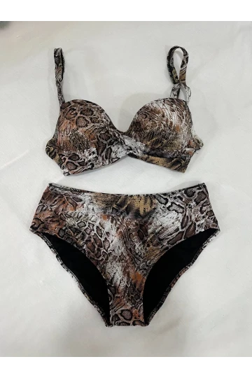 Kadın Kahverengi Leopar Desenli Astarlı Büyük Beden Bikini Takımı HZL25S-LC25006