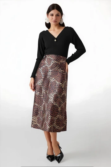 Kadın Kahverengi Leopar Desenli Saten Yüzeyli Beli Lastikli Midi Boy Etek Hzl23s-bd1101471