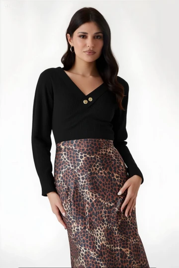 Kadın Kahverengi Leopar Desenli Saten Yüzeyli Beli Lastikli Midi Boy Etek Hzl23s-bd1101471