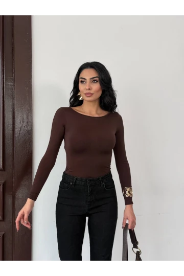 Kadın Kahverengi Sırtı Açık Fiyonk Bağlamalı Uzun Kol Bluz HZL25W-FRY123661