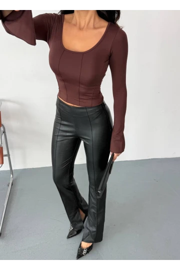 Kadın Kahverengi Uzun Kollu Arkası Bağlamalı Fit Kesim Crop Bluz HZL25W-FRY122771