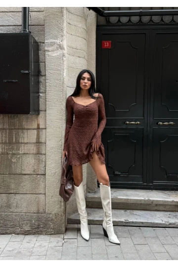 Kadın Kahverengi Uzun Kollu Dantel Detay Astarlı Kloş Elbise HZL25W-FRY123531