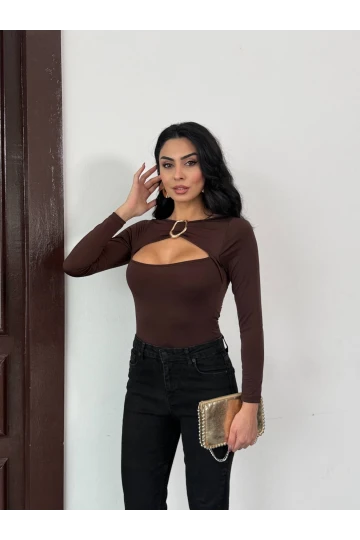 Kadın Kahverengi Uzun Kollu Göğüs Dekolteli Tokalı Bluz HZL25W-FRY123501
