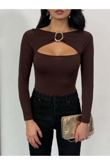 Kadın Kahverengi Uzun Kollu Göğüs Dekolteli Tokalı Bluz HZL25W-FRY123501
