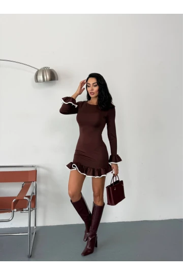 Kadın Kahverengi Uzun Kollu Volanlı ve Biyeli Dalgıç Kumaş Mini Elbise HZL25W-FRY123401