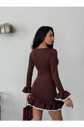 Kadın Kahverengi Uzun Kollu Volanlı ve Biyeli Dalgıç Kumaş Mini Elbise HZL25W-FRY123401