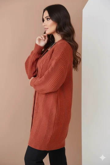 Kadın  Kiremit Saç Örgü Desen Uzun Düğmeli Rahat Kesim Triko Hırka HZL23W-BD1100691