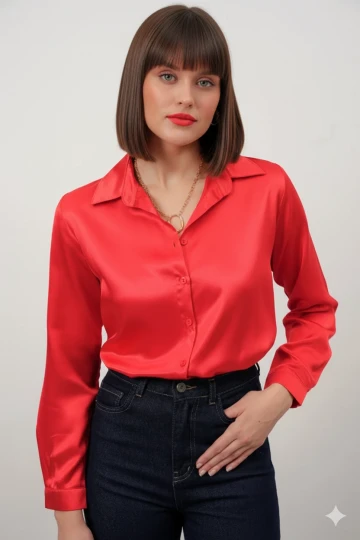 Kadın Kırmızı Hafif Dökümlü Saten Yüzeyli Gömlek HZL22W-BD139641