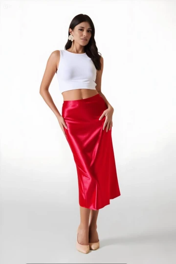 Kadın Kırmızı Saten Yüzeyli Beli Lastikli Midi Boy Etek Hzl23S-BD1101471