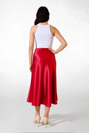 Kadın Kırmızı Saten Yüzeyli Beli Lastikli Midi Boy Etek Hzl23S-BD1101471
