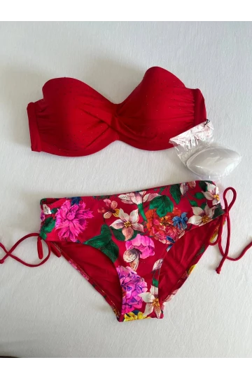 Kadın Kırmızı Taş İşlemeli Çiçek Desenli Bikini Takım HZL25S-LC3368