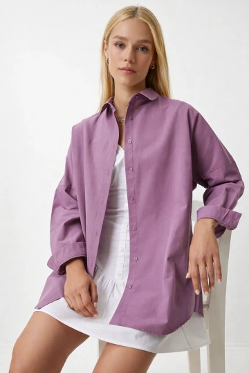 Kadın Koyu Lila Oversize Uzun Basic Gömlek HZL22W-BD139001