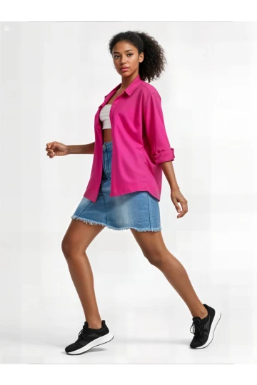 Kadın Koyu Pembe Oversize Uzun Basic Gömlek HZL22W-BD139001