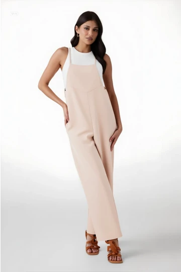 Kadın Krem Ayarlanabilir Askılı Cepli Bol Paça Bahçıvan Tulum HZL22S-BD170191