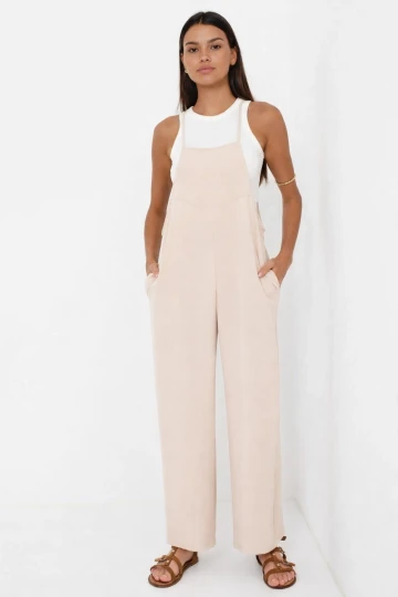 Kadın Krem Ayarlanabilir Askılı Cepli Bol Paça Bahçıvan Tulum HZL22S-BD170191