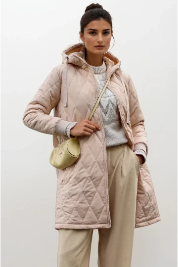 Kadın Krem Kapitone Uzun Şişme Mont HZL22W-BD151381