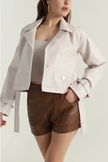 Kadın Krem Kemerli Astarlı Suni Deri Ceket HZL25W-BD110461