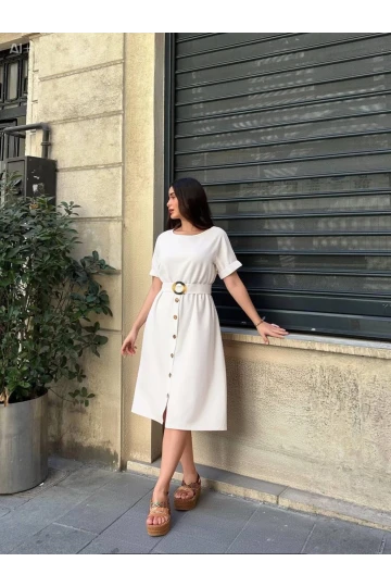 Kadın Krem Kemerli Düğmeli Yazlık Keten Viskon Elbise HZL23S-BD123891