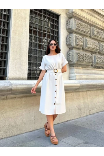 Kadın Krem Kemerli Düğmeli Yazlık Keten Viskon Elbise HZL23S-BD123891