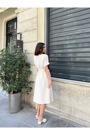 Kadın Krem Kemerli Düğmeli Yazlık Keten Viskon Elbise HZL23S-BD123891