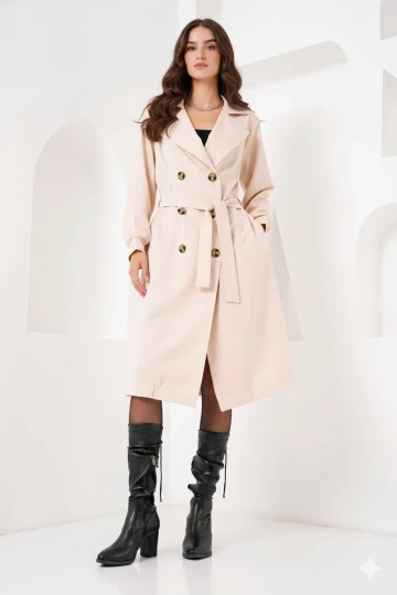 Kadın Krem Kruvaze Yaka Kemerli Astarsız Mevsimlik Rahat Trençkot Hzl22s-bd158531