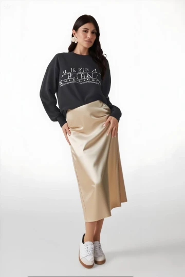 Kadın Krem Saten Yüzeyli Beli Lastikli Midi Boy Etek Hzl23s-bd1101471