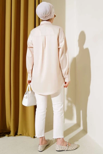 Kadın Krem Saten Yüzeyli Tesettür Gömlek HZL25W-BD139641